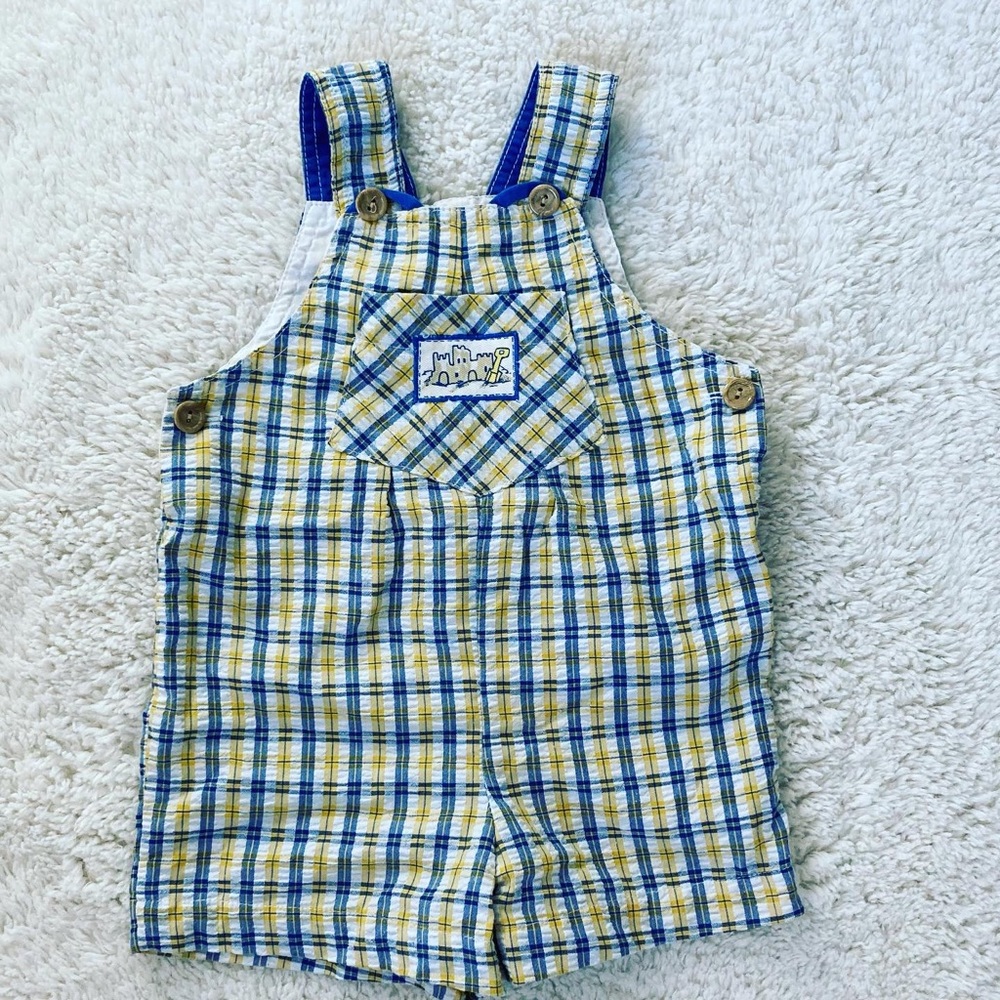 Vintage Boys Cotton Plaid Overalls Sz 24 Months